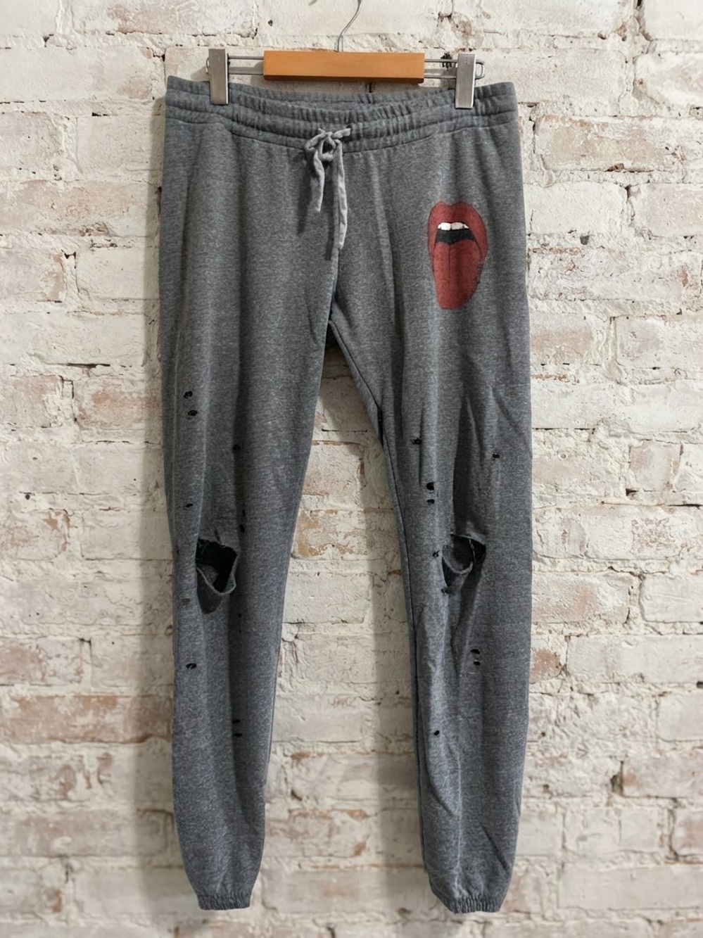 Lauren Moshi Distressed Lip Graphic Joggers Heather Grey Size M